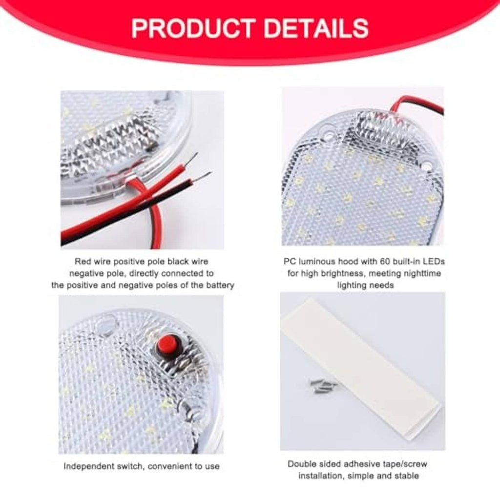 Close-up oval LED dome light with clear lens, red switch, and red-black wire terminals