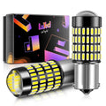 Pair of silver BA15s LED bulbs with projector lenses and yellow LED chip panels