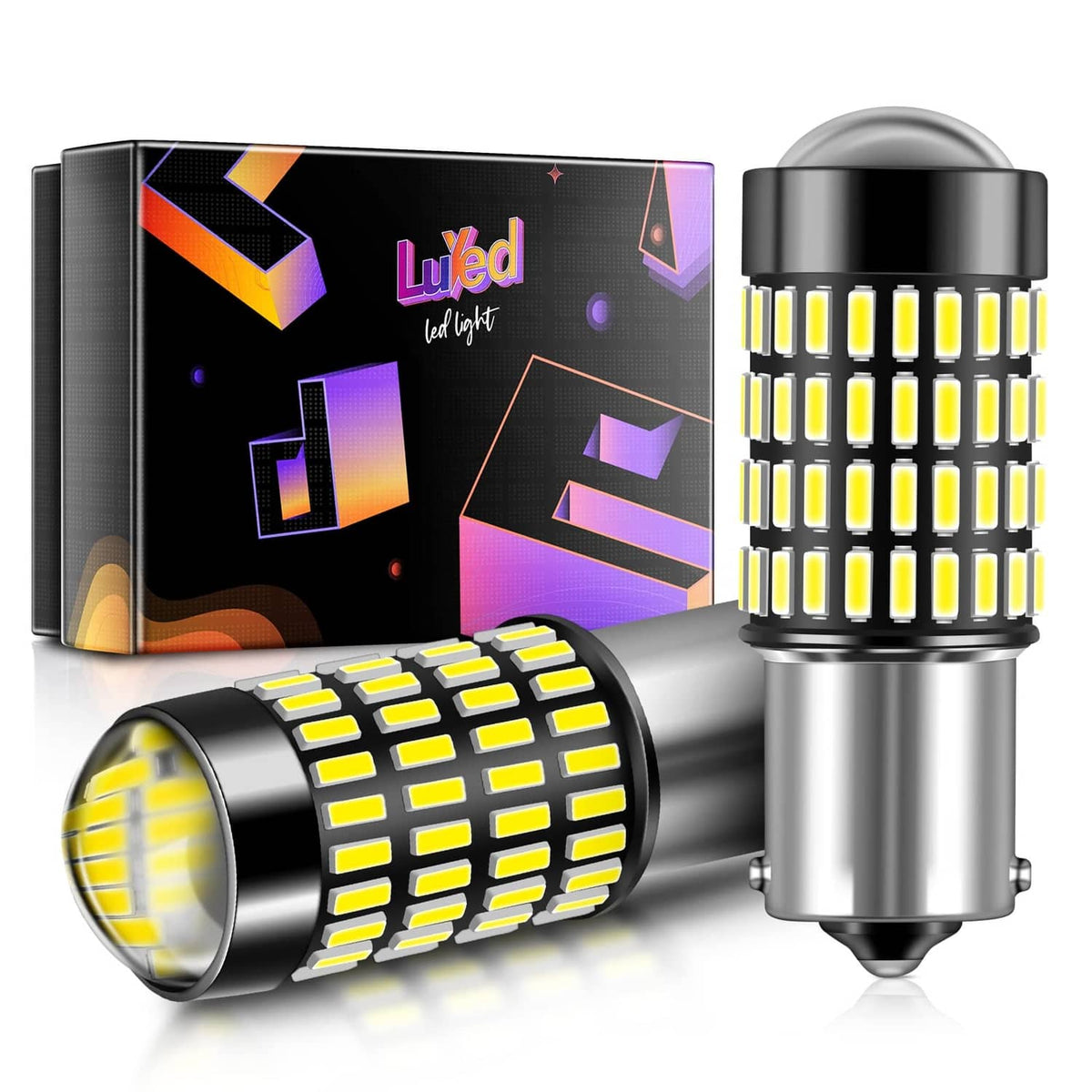 Pair of silver BA15s LED bulbs with projector lenses and yellow LED chip panels
