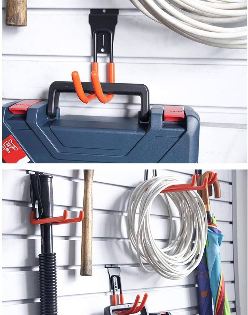 Black slatwall hook with orange anti-slip rubber U-shaped arms, close-up
