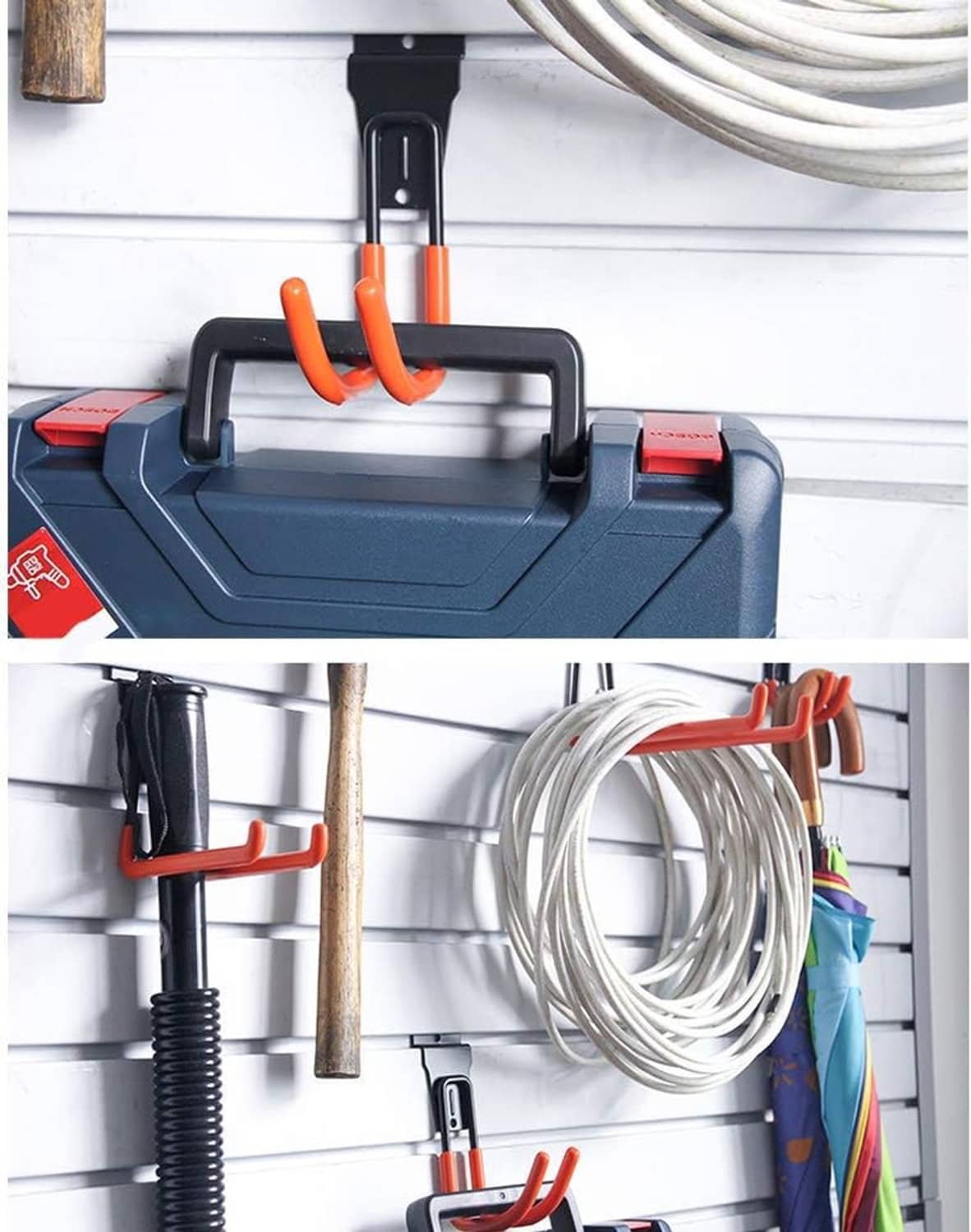 Black slatwall hook with orange anti-slip rubber U-shaped arms, close-up