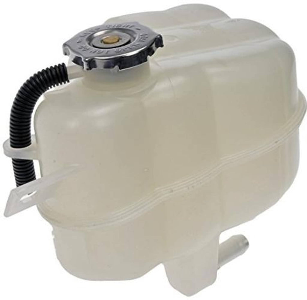 Coolant reservoir tank with cap and black ribbed hose, translucent white plastic