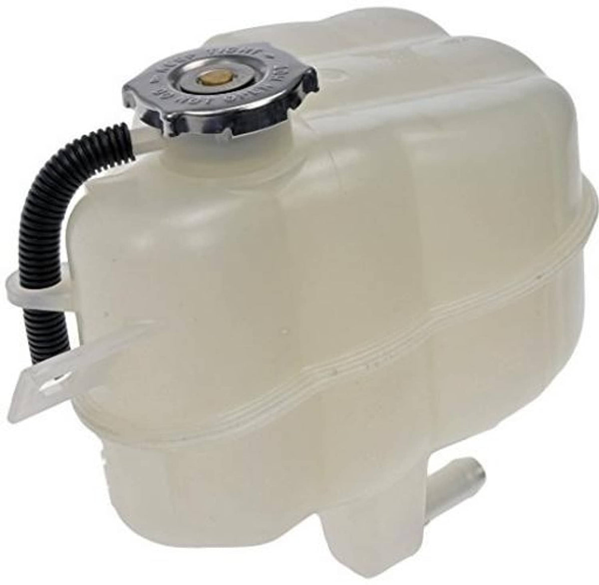 Coolant reservoir tank with cap and black ribbed hose, translucent white plastic