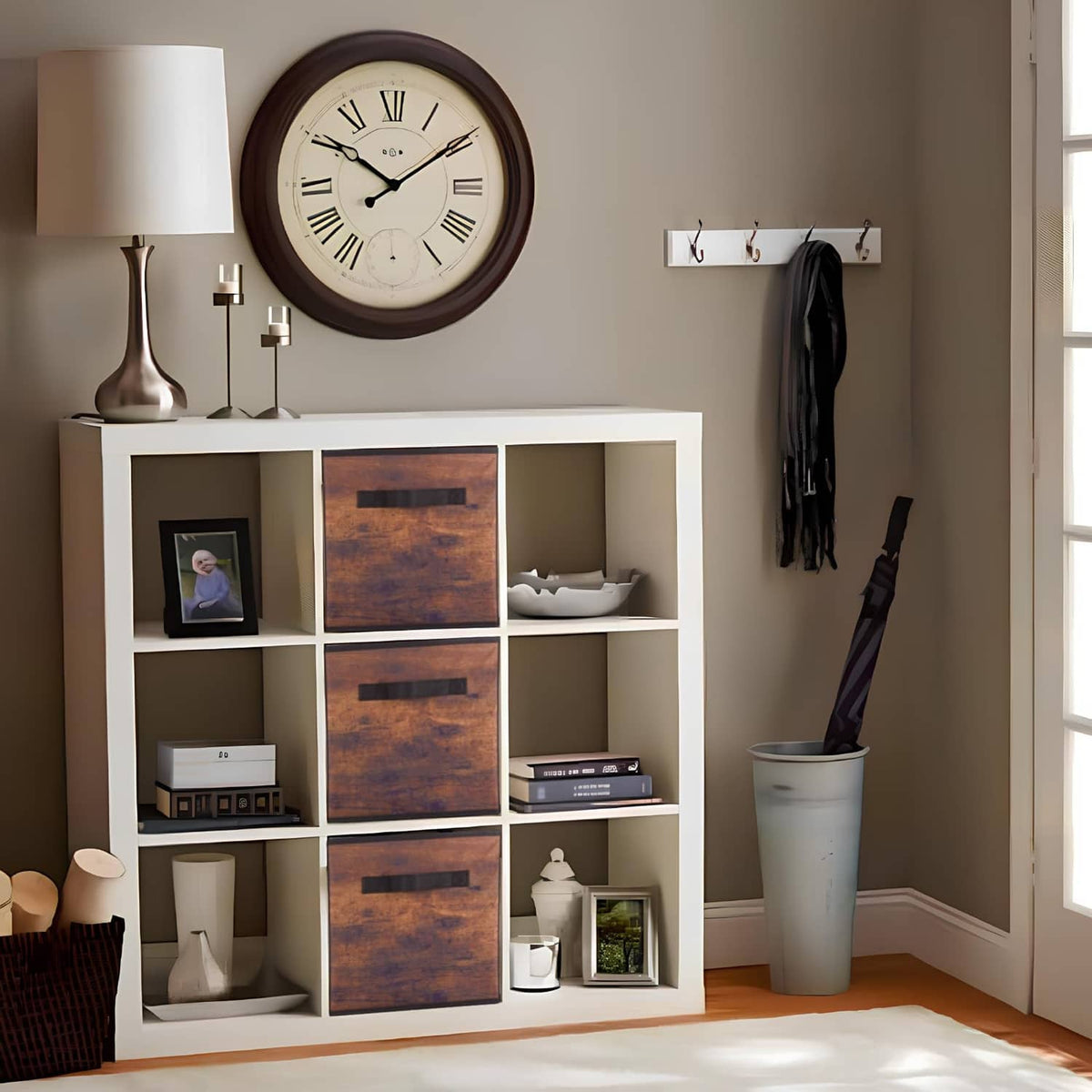 Retro wood-pattern storage bins in a white cubby unit with pull handles