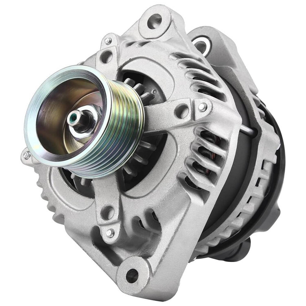 Metal alternator with front pulley and cooling vents, showing mounting holes and wiring pigtail