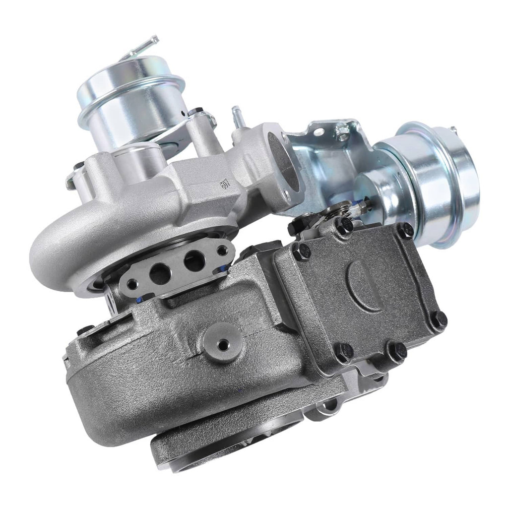 Turbocharger assembly with turbine and compressor sections, metallic silver finish