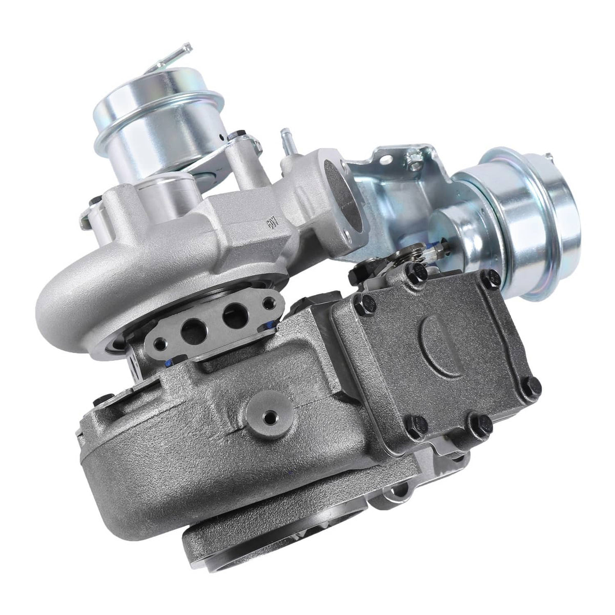Turbocharger assembly with turbine and compressor sections, metallic silver finish