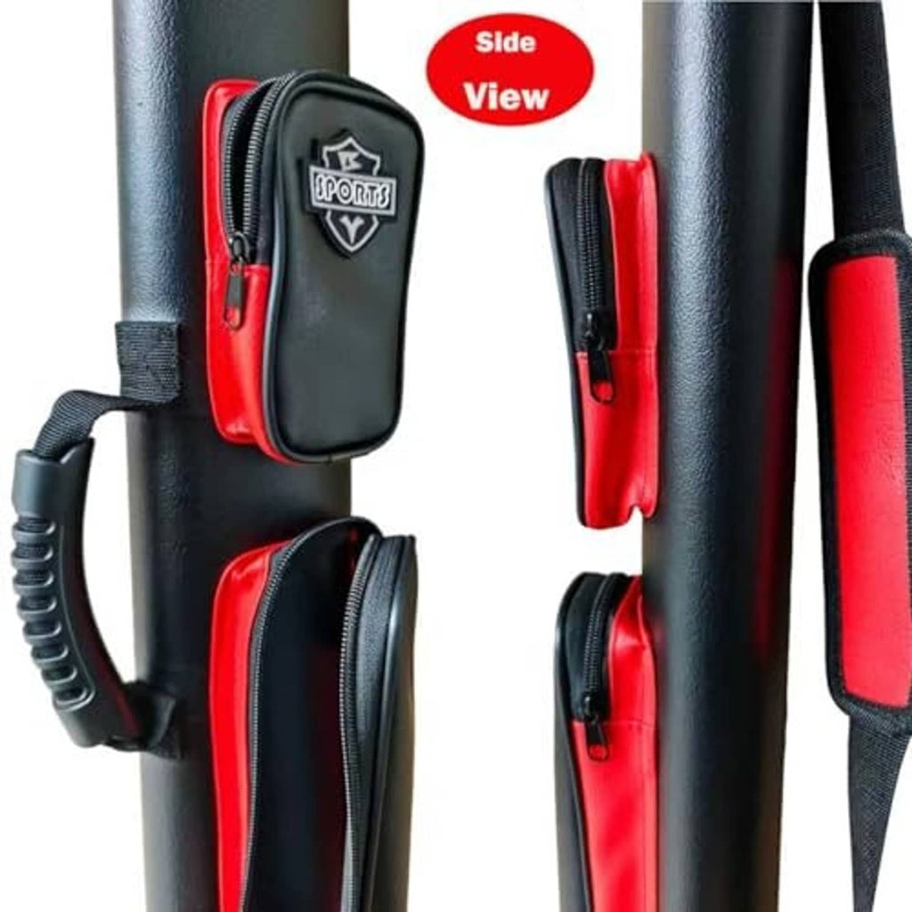 Black cue case with red inner pockets, zippers, and padded side straps