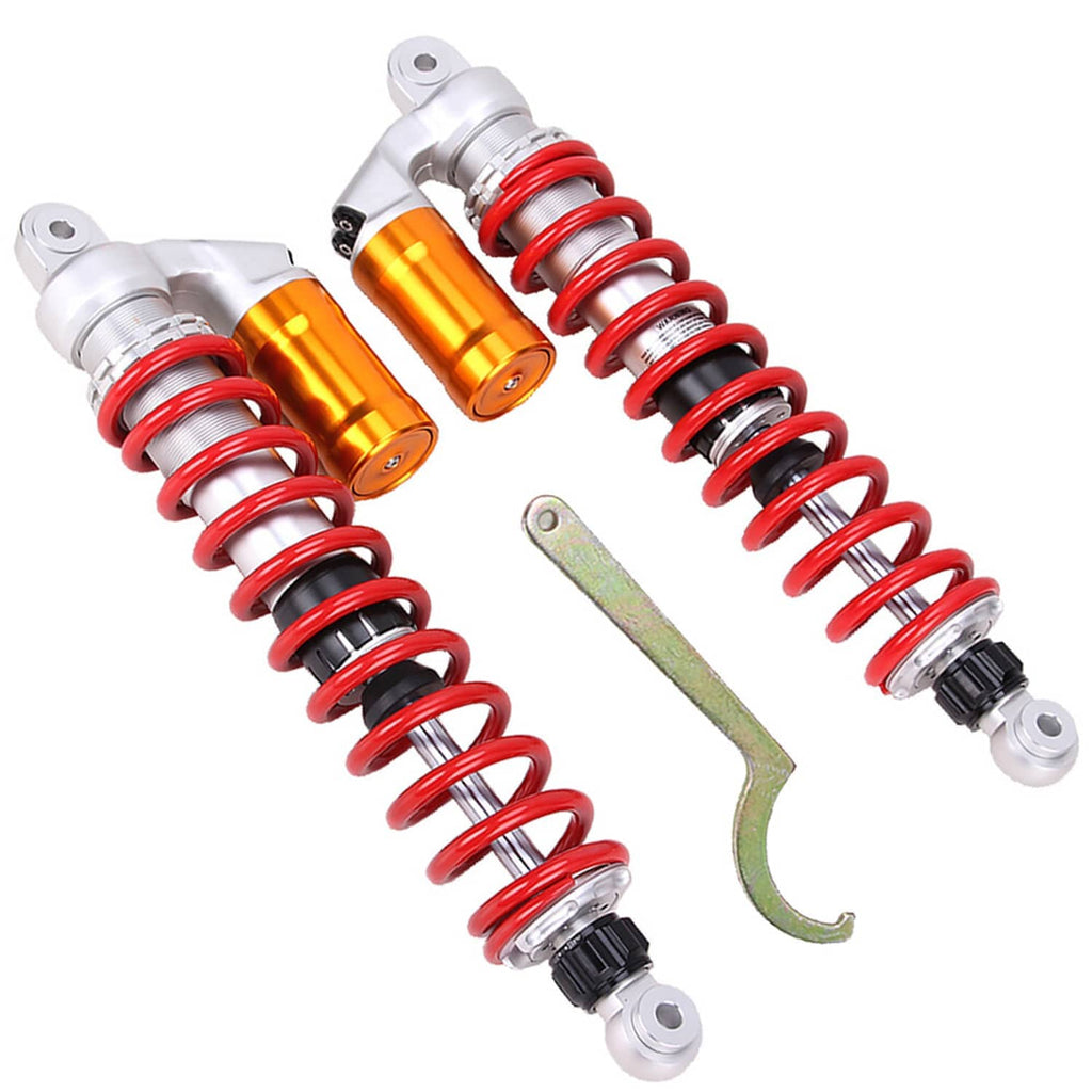 Front ATV shocks absorber set with orange reservoirs, red springs, silver mounts and tool
