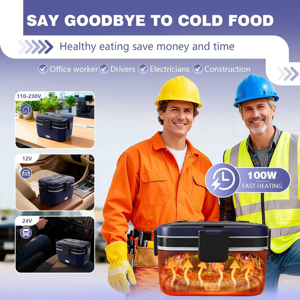 Blue electric lunch box with black locking lid and heating window, 2.8L capacity.