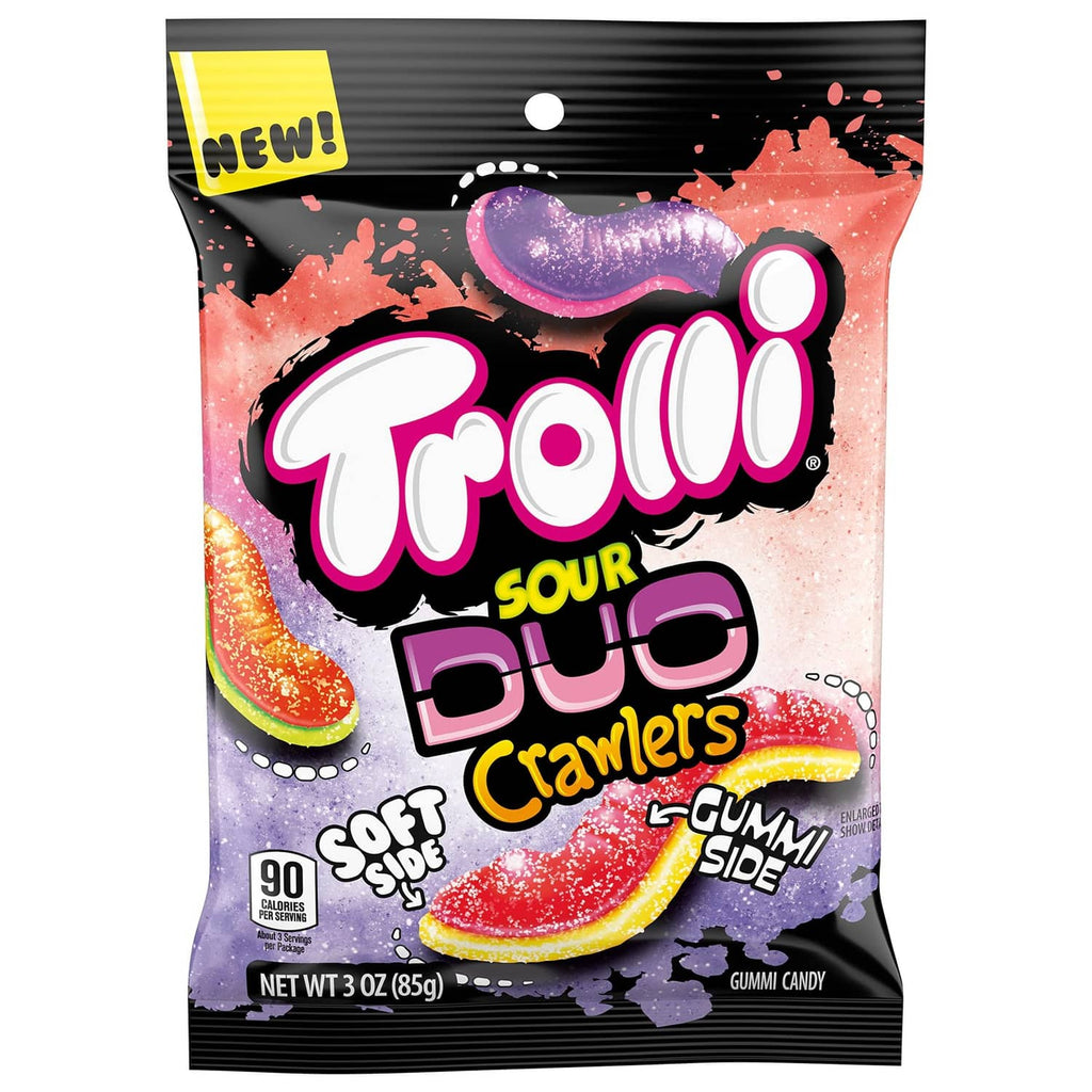 Sour gummi crawlers candy pouch with assorted fruit-shaped pieces