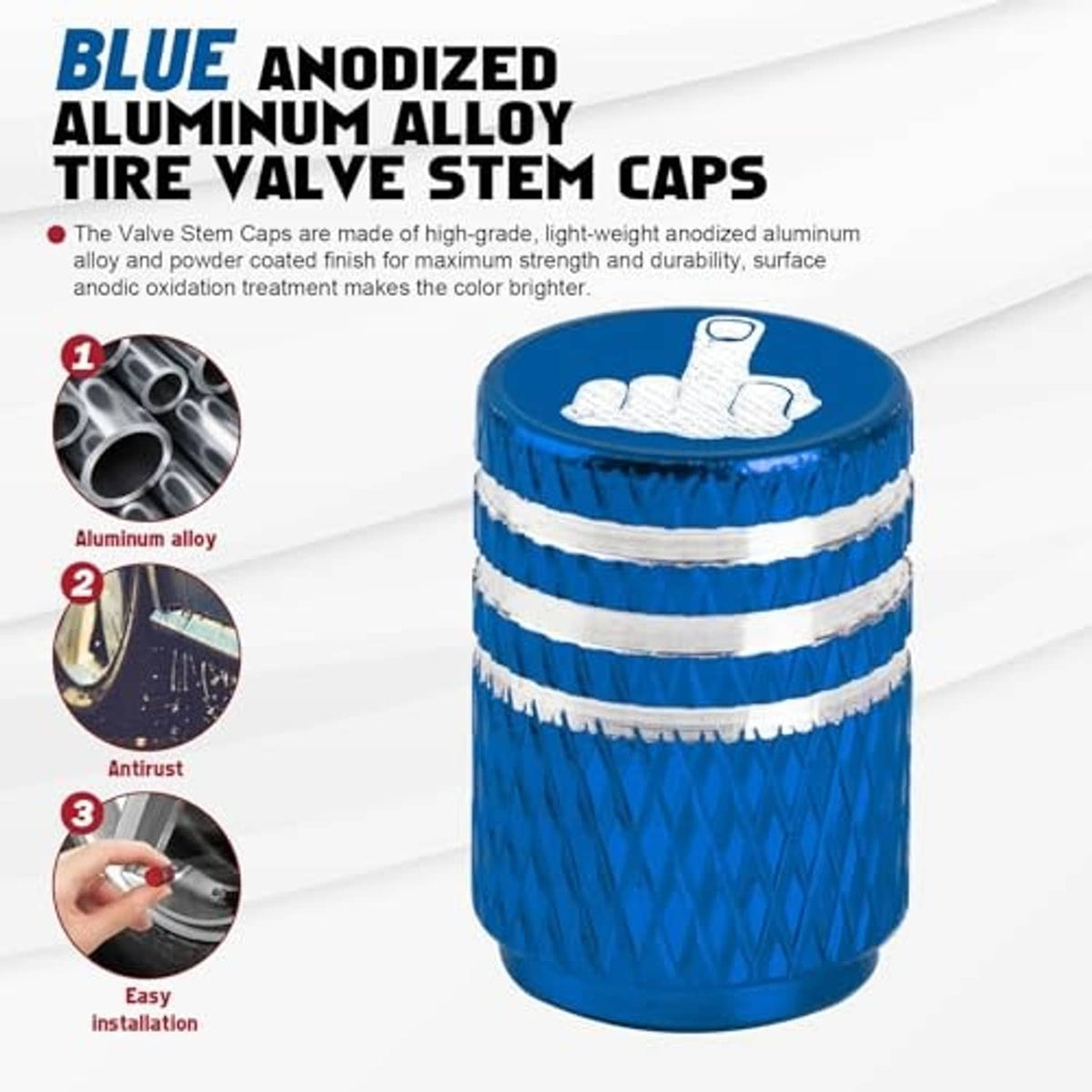 Blue tire valve stem cap with white hand logo on a ridged alloy body