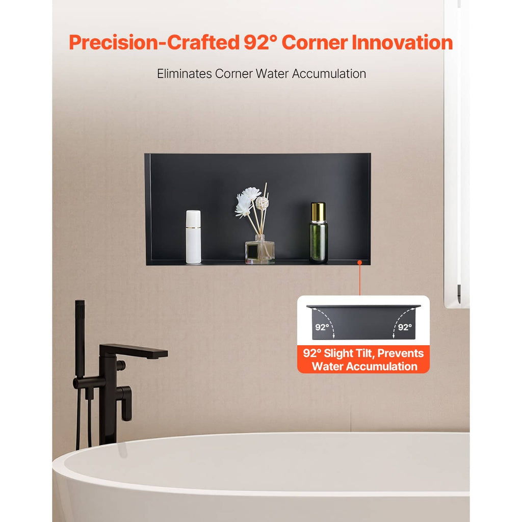 Black corner shower niche recessed shelf with 92° angled tray