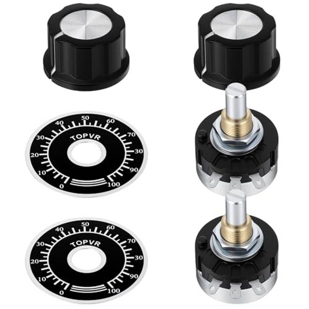 Set of rotary potentiometers showing black knobs, dial faces, and threaded metal shafts