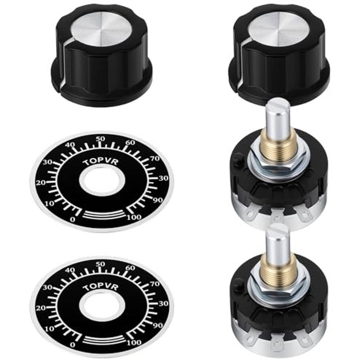 Set of rotary potentiometers showing black knobs, dial faces, and threaded metal shafts