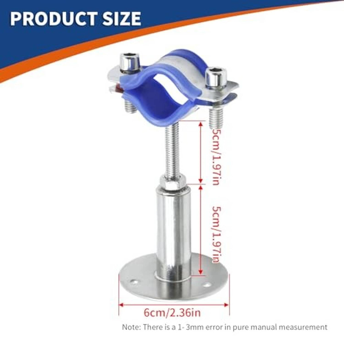 Adjustable pipe support clamp with blue band, threaded rod, and round mounting base plate