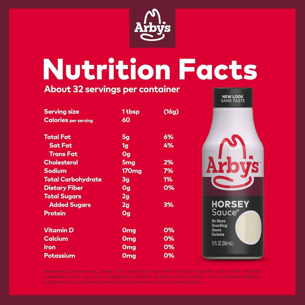 Arby's Horsey Sauce nutrition facts panel with 12 fl oz bottle
