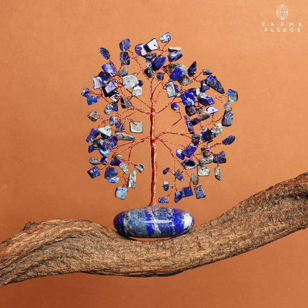 Lapis lazuli palm stone base crystal tree with blue stone chips and red wire