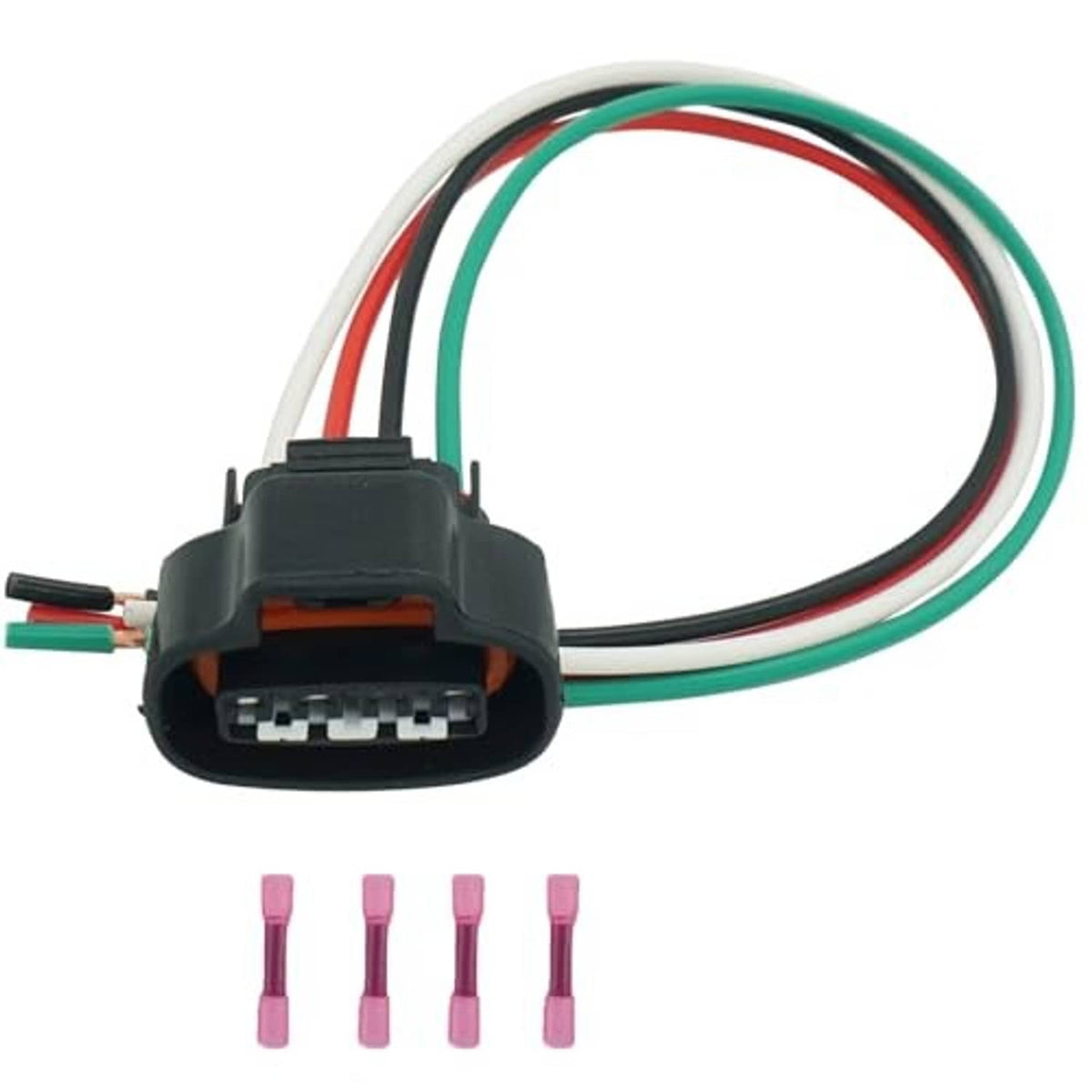 4-pin throttle body connector pigtail with dark housing, green/red/white wires, and four pink terminals