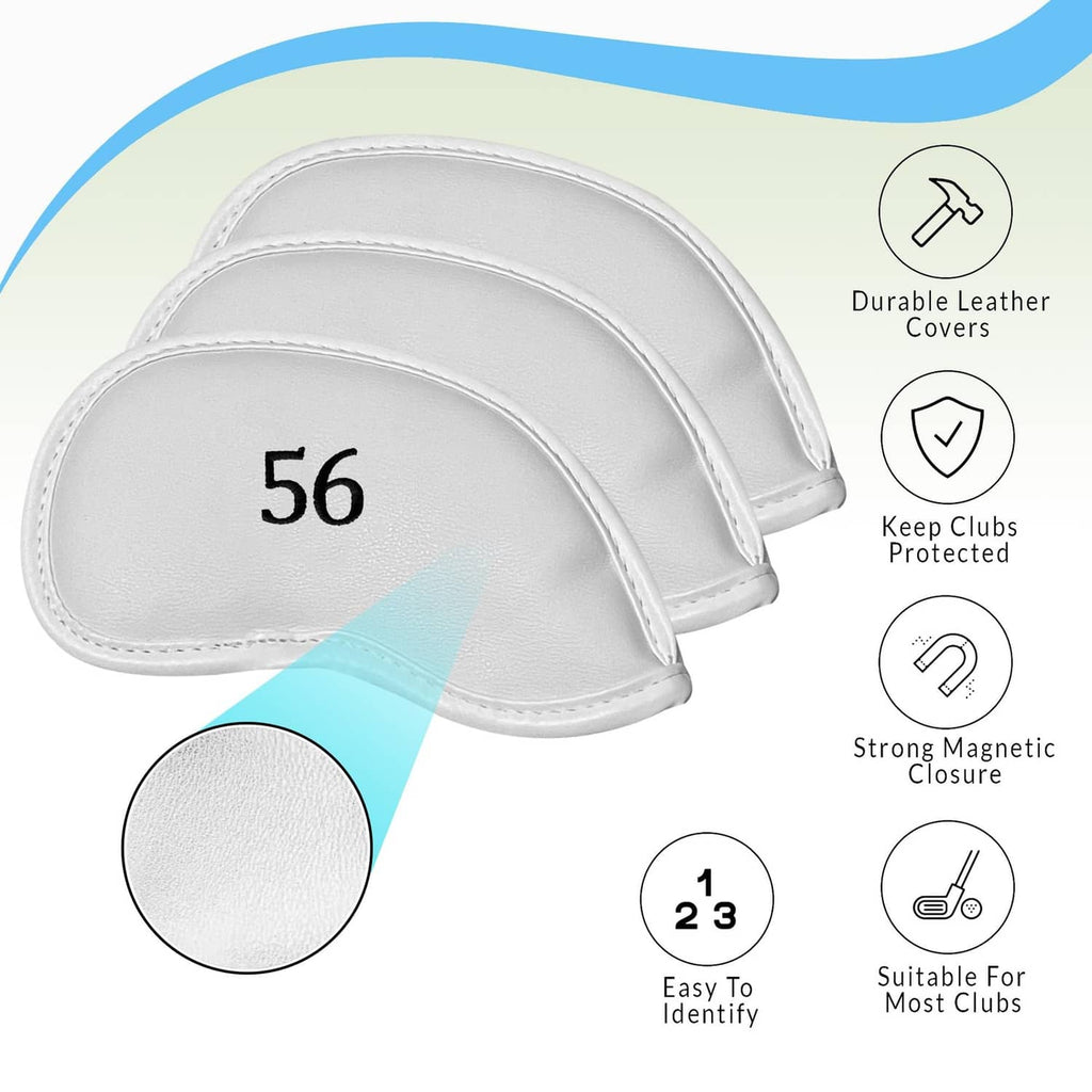 White magnetic leather golf club head covers with numbered 56 cover shown.
