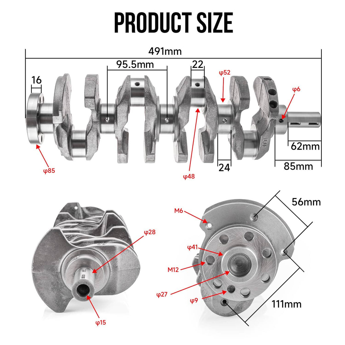 Crankshaft connecting rod bearing kit size diagram with labeled dimensions