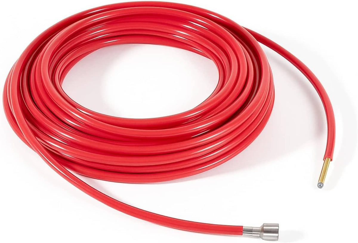 Red coiled drain-cleaning cable with metal fittings, loose ends visible