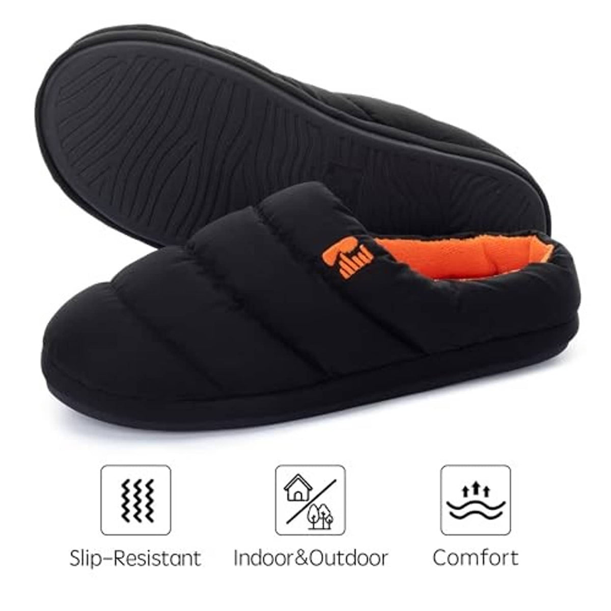 Black slip-on puffer slipper with orange lining and textured rubber sole