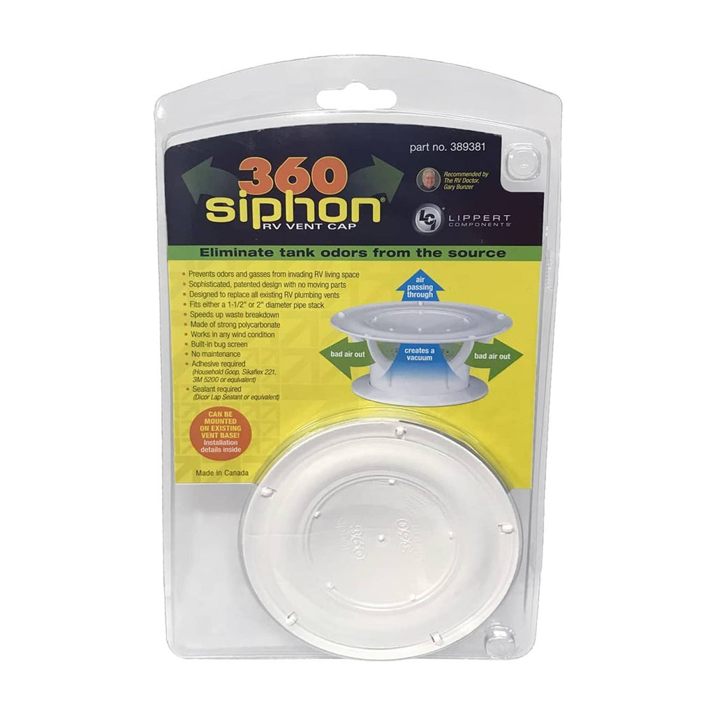 Lippert 360 Siphon RV vent cap with round vent screen in retail blister