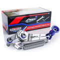Motorcycle chain slack adjuster tool with silver body and blue adjustment knobs