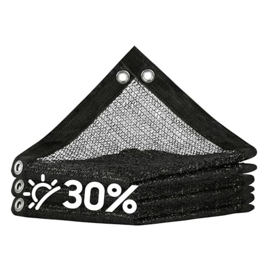 Black shade netting tarp with reinforced corner grommets and stacked fold layers