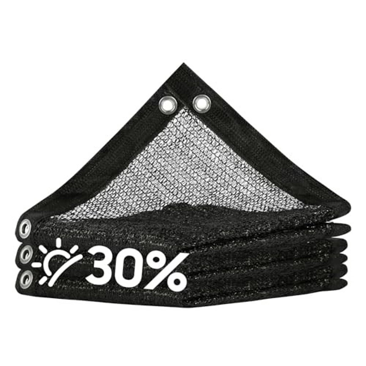 Black shade netting tarp with reinforced corner grommets and stacked fold layers