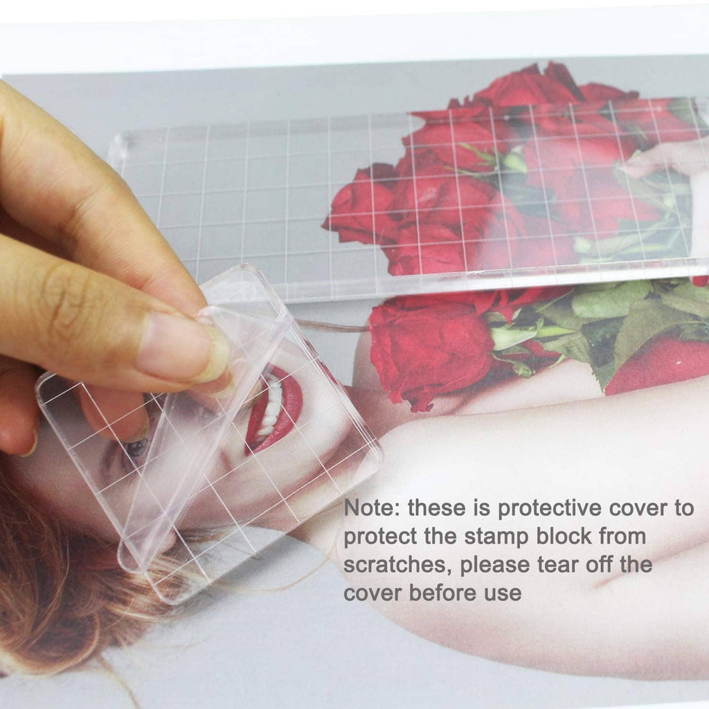 Clear acrylic stamp block with protective cover, close-up showing transparency