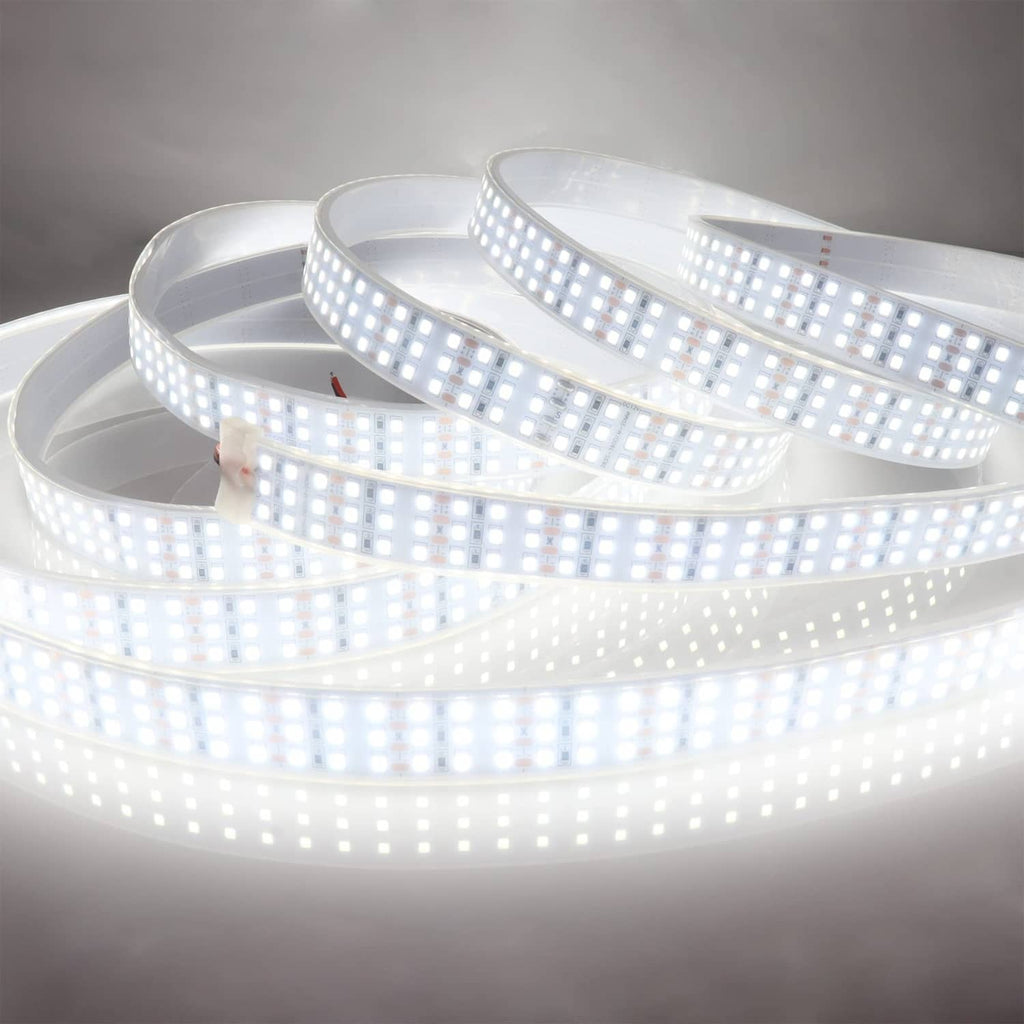 Coiled triple-row LED strip light with white casing and bright LED chips