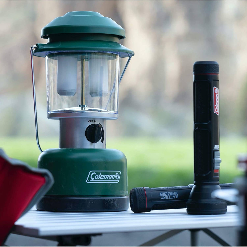 Coleman twin LED lantern in green with clear globe and front control dial