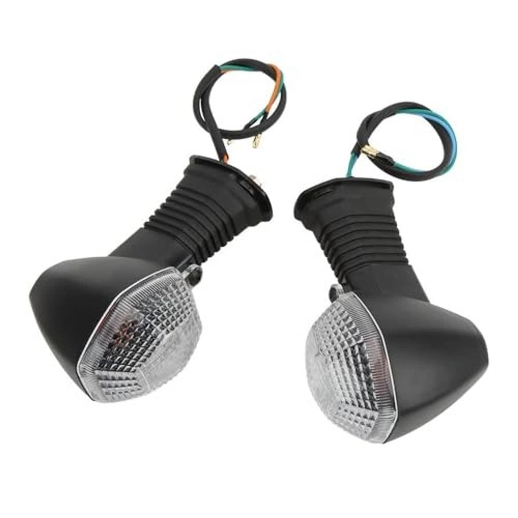 Two motorcycle turn signal lights with clear lenses, black housings, and multi-wire connectors
