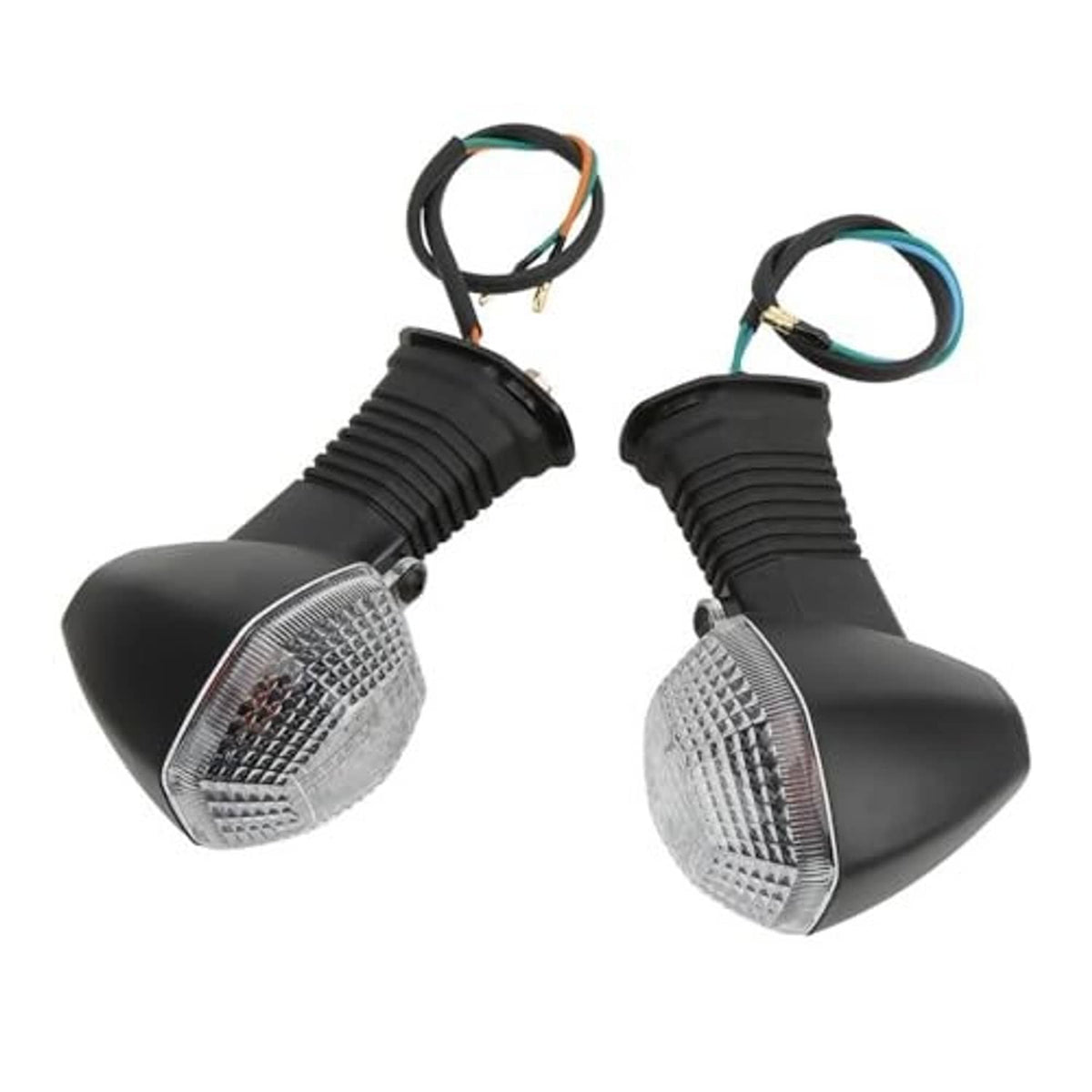 Two motorcycle turn signal lights with clear lenses, black housings, and multi-wire connectors
