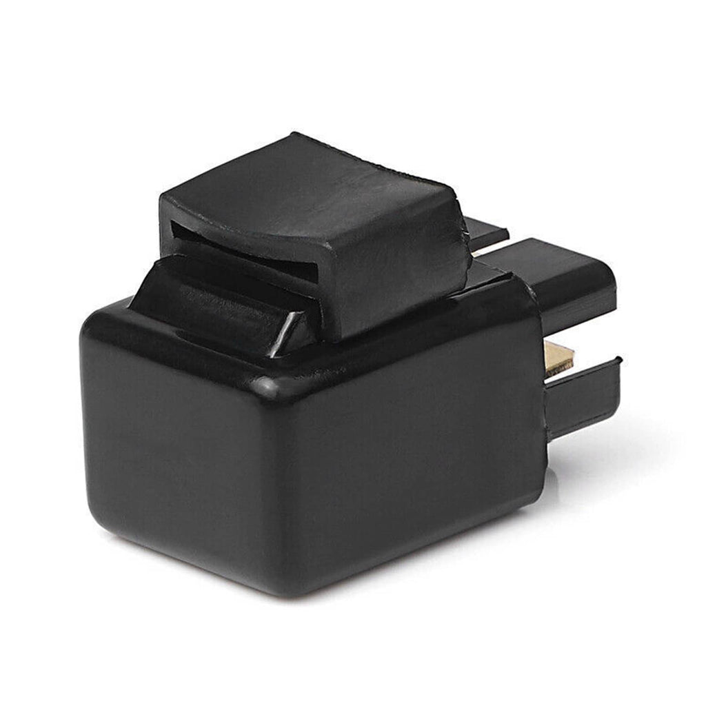 Fuel pump fan off relay, angled view with black housing and gold contacts