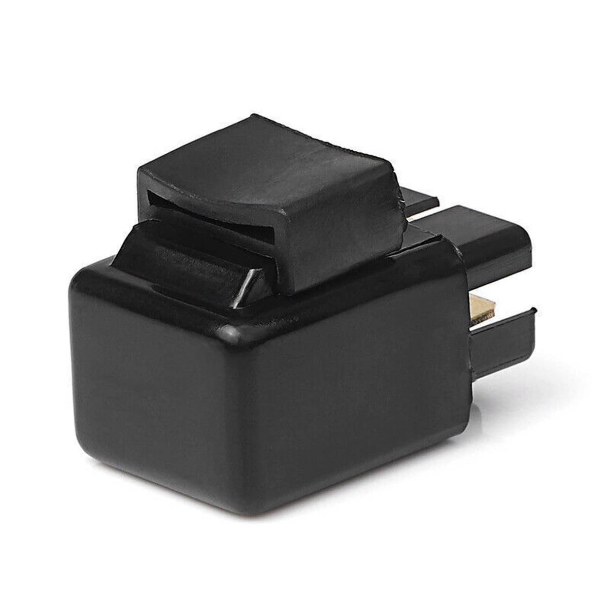 Fuel pump fan off relay, angled view with black housing and gold contacts