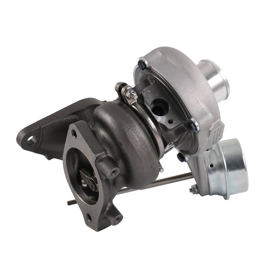 Turbocharger with black exhaust manifold and silver turbine housing, side view