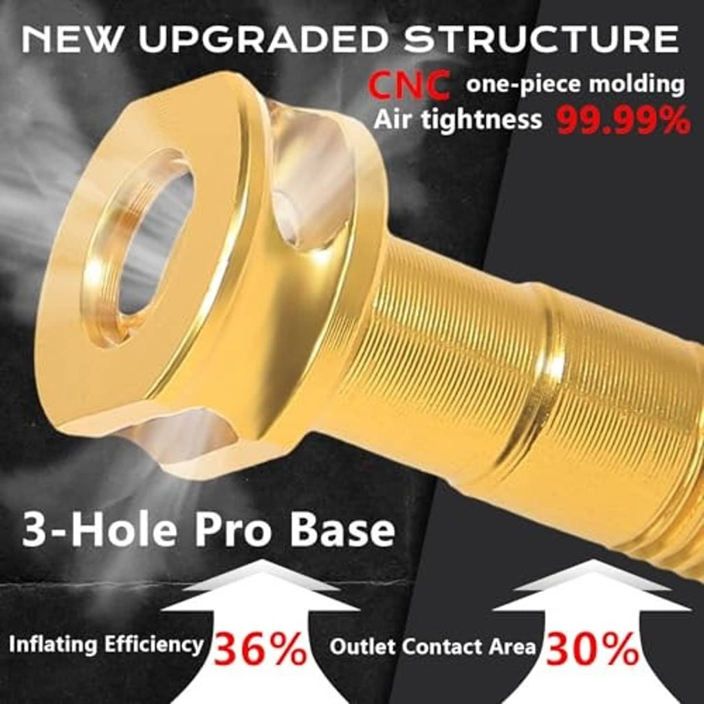 Gold one-piece Presta valve base with threaded stem, shown in close-up at an angle.