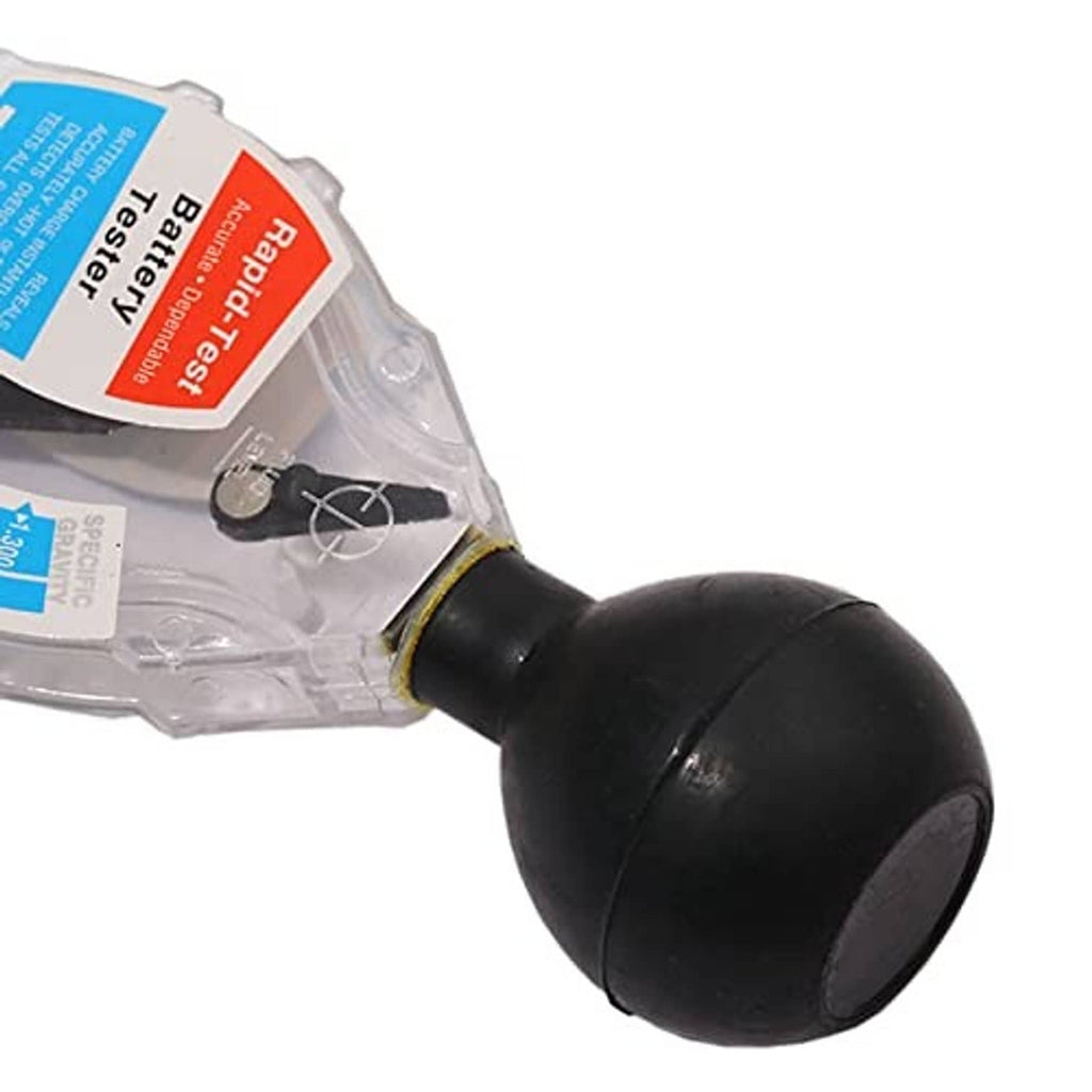 Battery hydrometer tester close-up with black rubber bulb and clear gauge housing