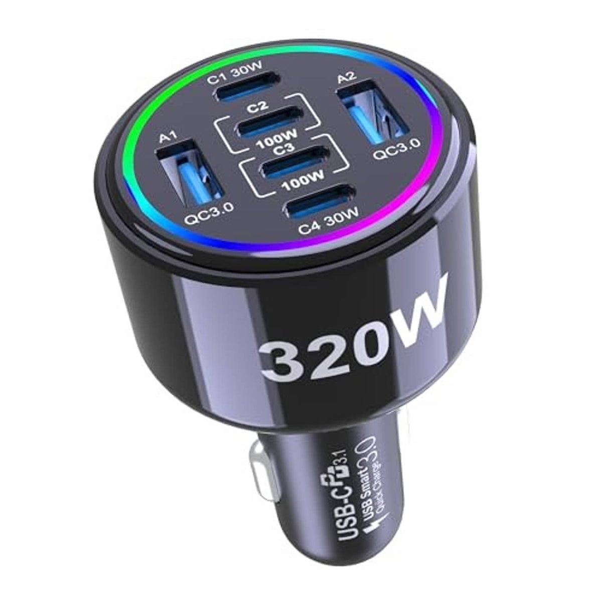 Black 320W USB-C car charger, front view with illuminated port labels and 6 ports