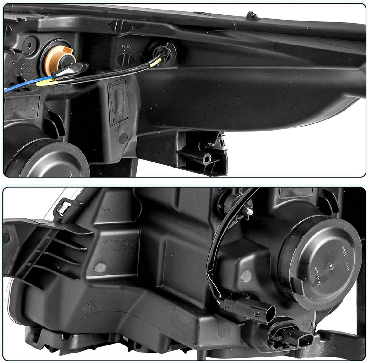 Black halogen projector headlight housing with internal mounting components and wiring