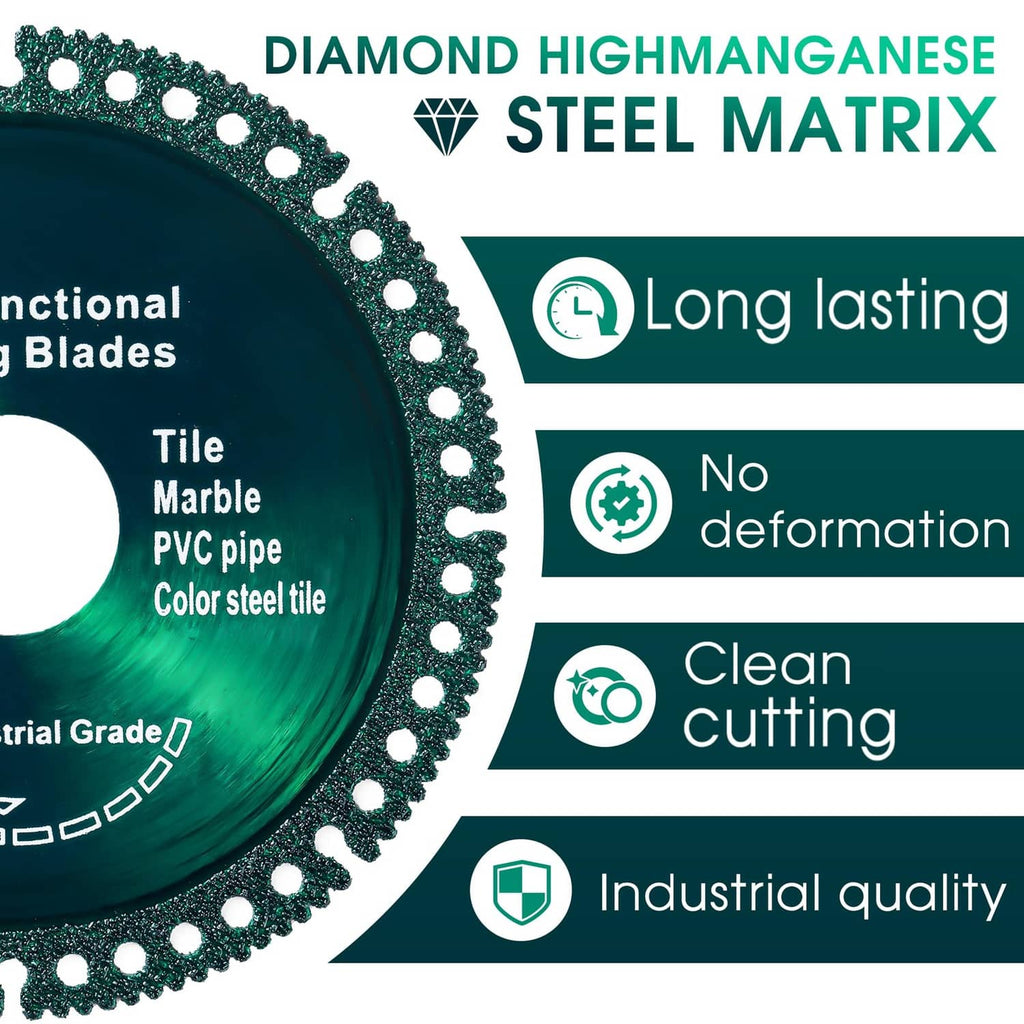 Green diamond cutting disc with serrated rim, tile/marble/PVC pipe labels and center hole