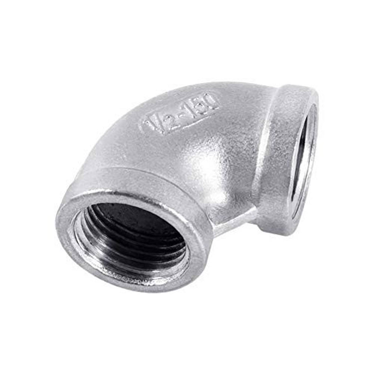 Stainless steel elbow pipe fitting with 1/2 in female threads, close-up