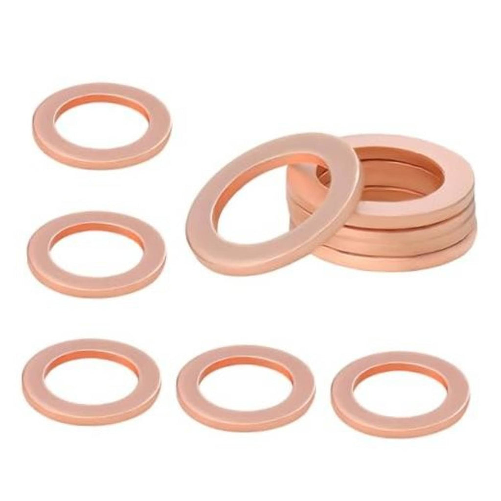 Copper oil drain plug gasket washers, round rings with center holes in a set