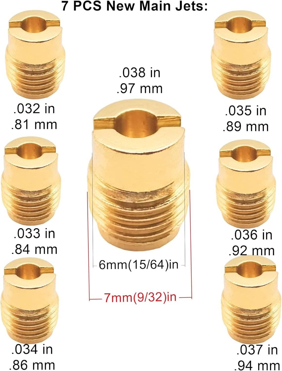 Assorted brass carburetor main jets with hex openings and threaded ends