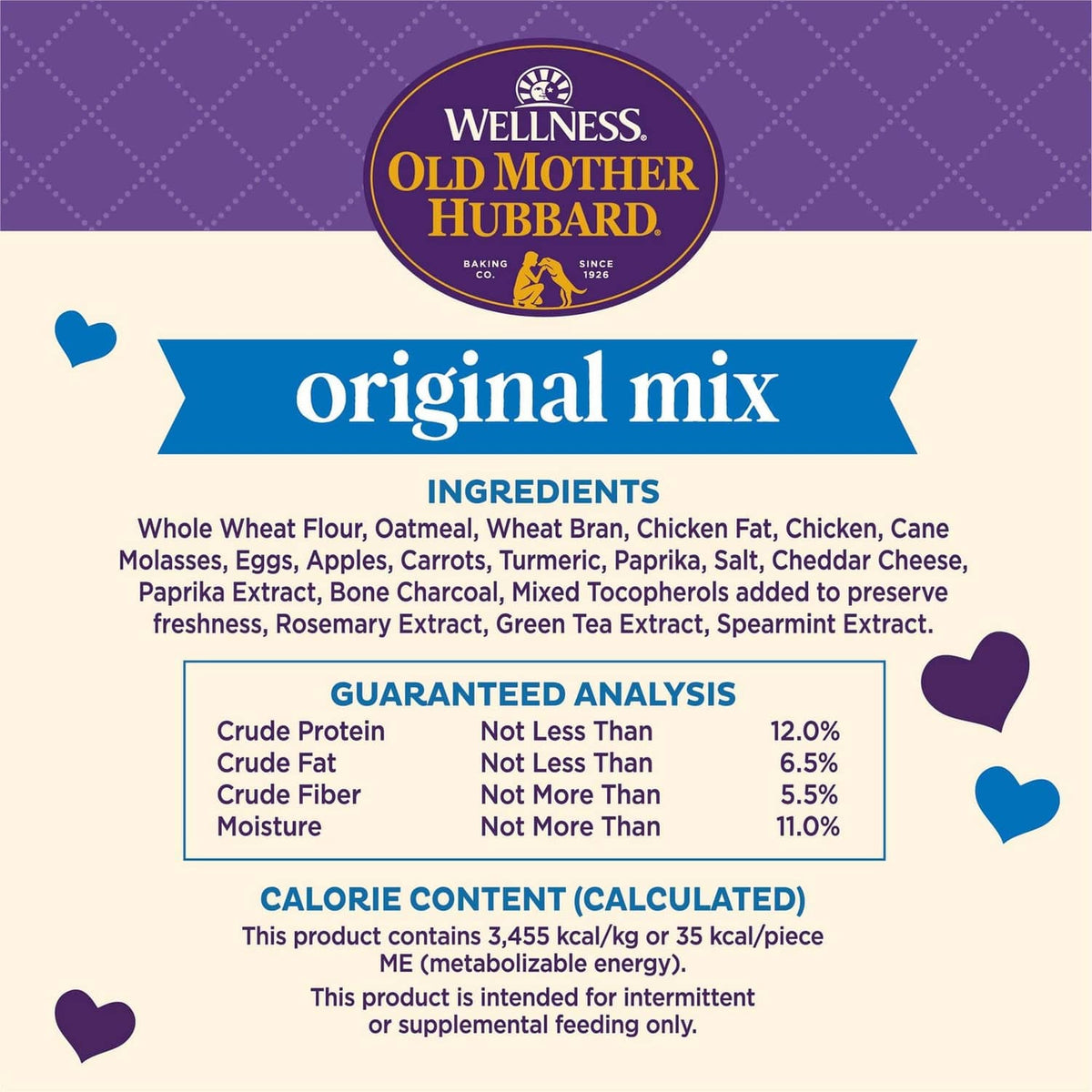 Dog biscuit ingredients and guaranteed analysis panel for Original mix