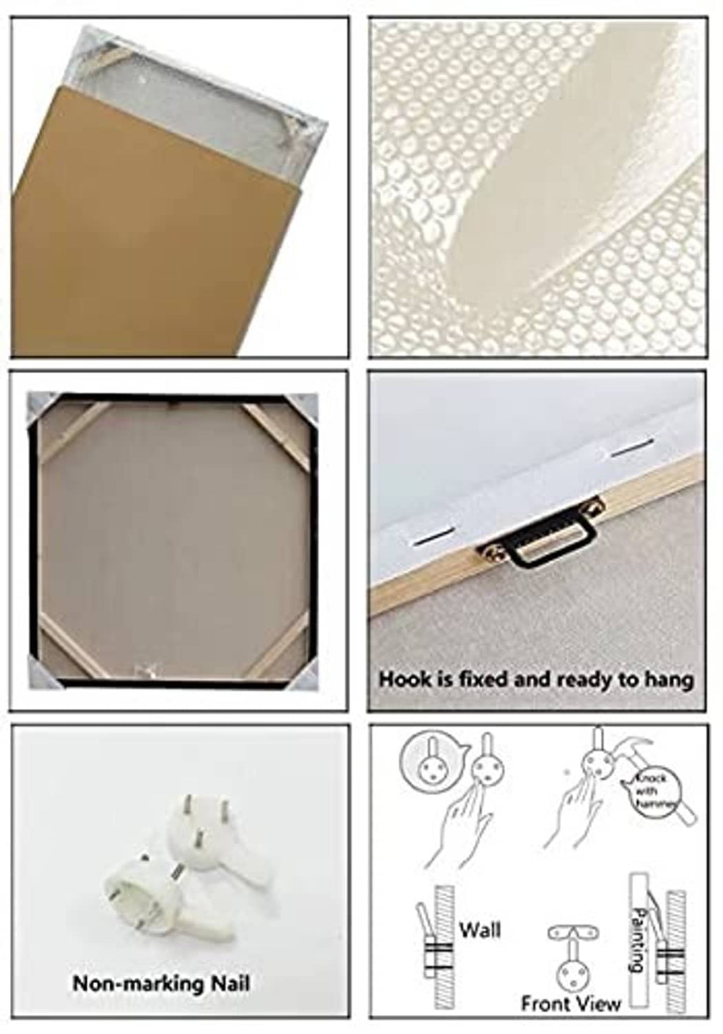 Canvas wall art back view with hanging hardware and no-mark nail for installation
