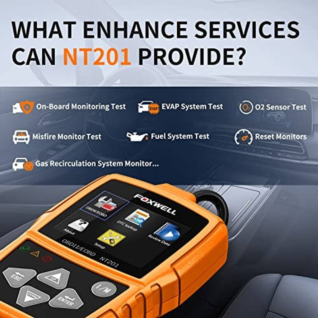 Orange FOXWELL NT201 handheld OBD2 scanner with screen, side connector, and button controls